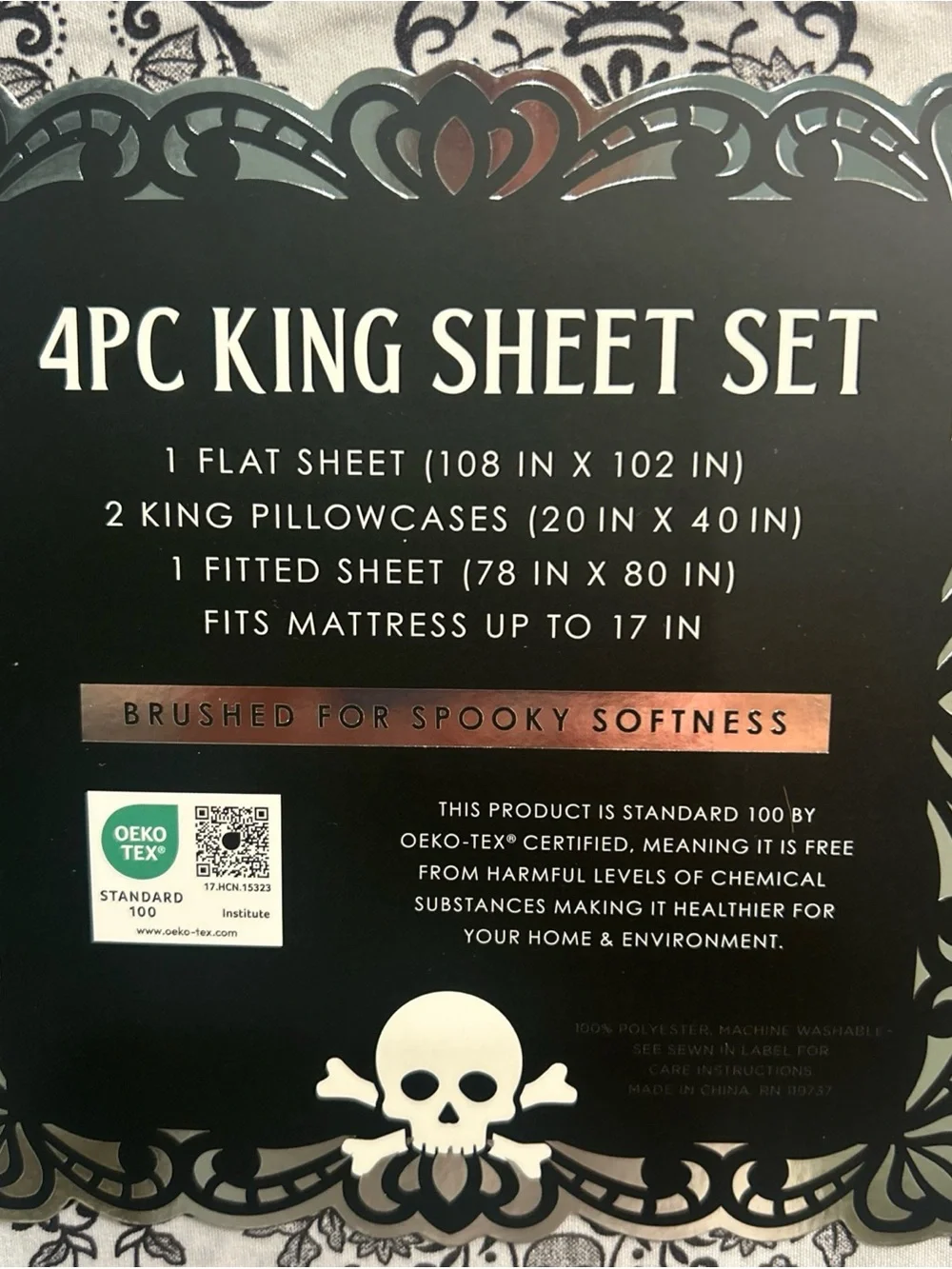Madame Bones King Sheet Set 4pc Gothic Skull Bat Damask Black Gray Halloween